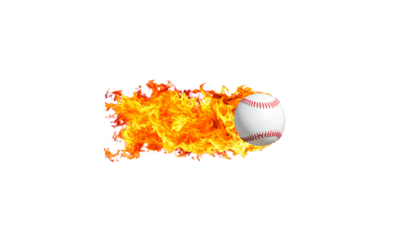 Baseball with fire effect on white background.
