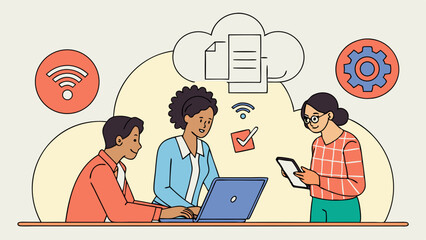 Diverse Team Collaborating Digitally with Cloud Computing, Wireless Connectivity, and Online Data Management