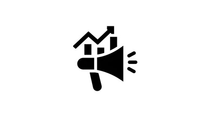 Obraz premium Single flat black icon of a megaphone with graph, marketing strategy for growth, transparent background