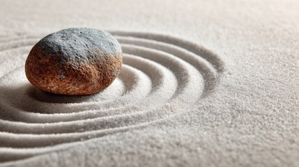 Single smooth stone placed on raked white sand in a traditional zen garden, emphasizing balance, purity, and mindfulness