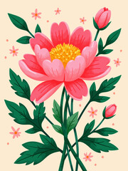  a stylized mural of the the indiana state flower, the peony and its leaves 