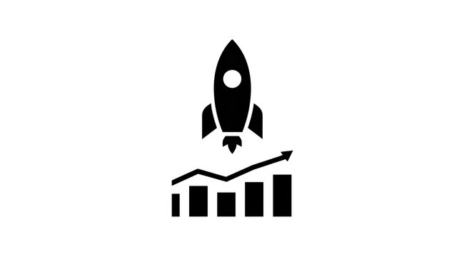 Single flat black icon of a rocket launching from a graph, symbolizing startup growth, transparent background
