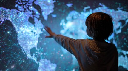 Fototapeta premium Child interacting with global network map