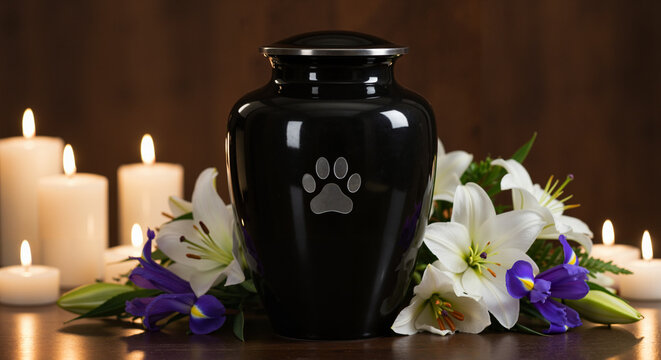 Black pet urn with paw print surrounded by flowers and candles  