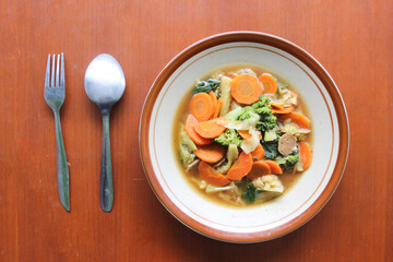 Capcay or capjay is the name of a typical Chinese-Indonesian dish consisting of various types of vegetables cooked by boiling or stir-frying served on table