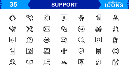 Customer Support Icon Set in Clean Vector Line Style for Helpdesk, Technical Assistance, Service Tools, and Communication