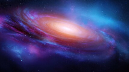 Vibrant spiral galaxy with swirling colors and luminous core set against a cosmic backdrop