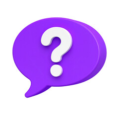 A 3D rendered purple speech bubble containing a white question mark.