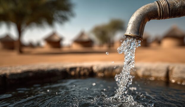 A close-up of clear water flowing from a rusty faucet into a container in a dry, rural setting with huts and trees blurred in the background.
