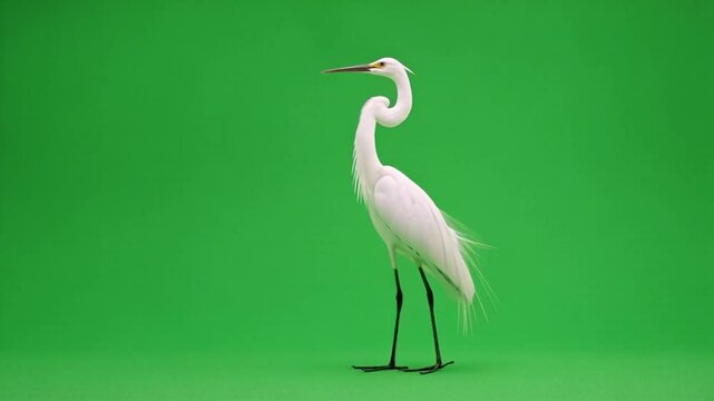 A white egret stands tall against a vibrant green screen backdrop in a studio setting view green screen bird video