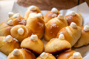 A pile of Salted bread with milk cream, display in the cafe