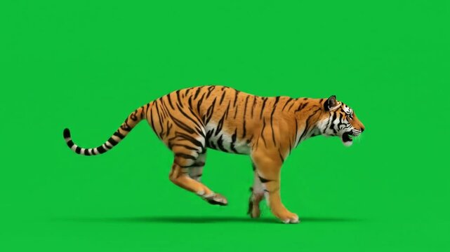 Powerful Tiger Leaping in Slow Motion on a Green Screen