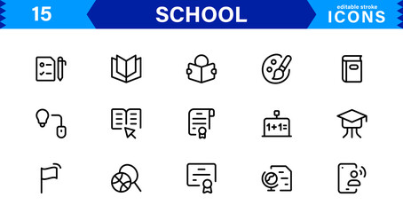 School Icon Set Representing Education, Classroom, Teacher, Student, and Learning in a Simple, Professional, and Marketable Vector Style
