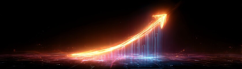Fototapeta premium Colorful upward arrow with light effects on dark background, symbolizing growth.