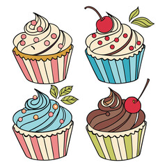 set of cupcakes with cherry 