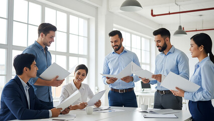 Team members holding blank folders in office for branding or presentation mockup use