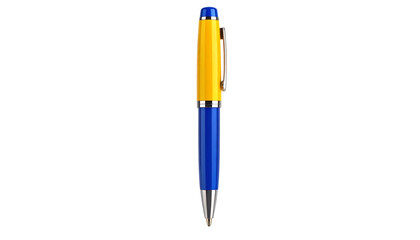 A close-up shot of a vibrant yellow and blue pen isolated on white.