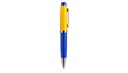 A close-up shot of a vibrant yellow and blue pen isolated on white.