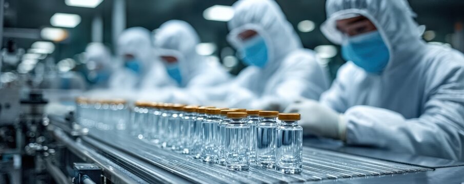 Scientists in protective clothing and masks work in a sterile lab environment, managing rows of vaccine vials on a production line. - Powered by Adobe