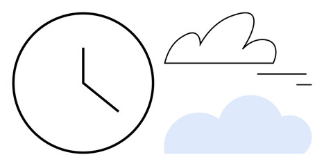 Clock with simple hands and floating clouds represent time, serenity, and flow. Ideal for time management, productivity, mindfulness, scheduling, weather apps, efficiency simple landing page