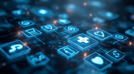 Abstract high-tech concept image of medical innovation, with icons of telemedicine, healthcare apps, and virtual diagnostics in a glowing blue theme

