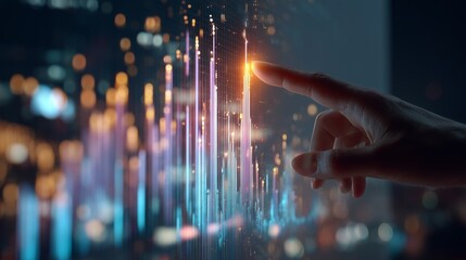 Close-up of a hand touching a glowing digital financial graph on a transparent screen, futuristic business technology