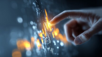 Close-up of a hand touching a glowing digital financial graph on a transparent screen, futuristic business technology