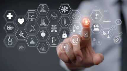 Close-up of a hand touching a transparent screen filled with medical technology icons like stethoscopes, syringes, and diagnostic tools