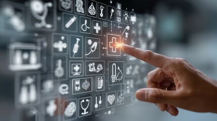 Close-up of a hand touching a transparent screen filled with medical technology icons like stethoscopes, syringes, and diagnostic tools