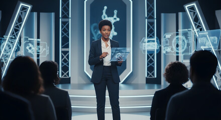 Female biotech entrepreneur presenting innovation at conference