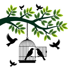 Fototapeta premium Birds escaping from a cage and perching on a branch. Ideal for illustrating freedom, nature, or animal welfare concepts.