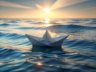 A white origami paper boat floats alone on calm ocean waves at sunset, glowing in warm light