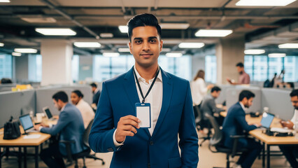 Businessman showing blank ID badge suitable for branding, events, or corporate identity mockup