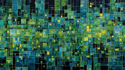 Fototapeta premium Luminous rectangles overlap creating a techno style grid filled with green,blue, and yellow hues