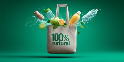 Eco shopping bag filled with fruit and bottles