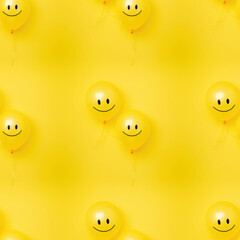 Fototapeta premium Seamless pattern of yellow balloons with smiling faces. Happy party decorations for celebration, birthday, and joy design.