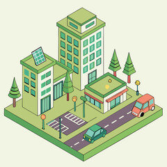Isometric city block featuring buildings, trees, cars, streetlights and a crosswalk in light green tones