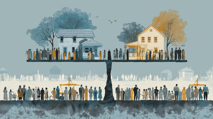 I dont know who these people are, but image depicts visual representation of economic inequality, showing two groups of people separated by divide. scene contrasts different social classes