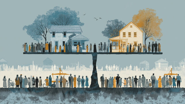 I dont know who these people are, but image depicts visual representation of economic inequality, showing two groups of people separated by divide. scene contrasts different social classes