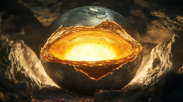 Glowing molten core within a spherical rock formation.