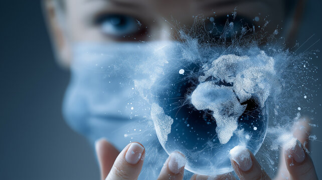 Person wearing mask holds digital representation of Earth, symbolizing global health and pandemic awareness. image conveys sense of responsibility and interconnectedness