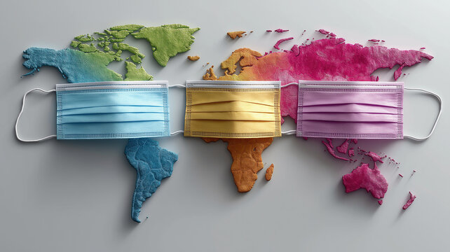 Colorful world map with face masks symbolizes global health and pandemic awareness, highlighting importance of protection and unity. vibrant colors evoke sense of hope and resilience - Powered by Adobe