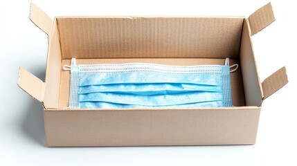 Medical mask in an open cardboard box, isolated on a white background.