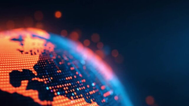 Glowing digital globe with binary code and flowing data lines on a dark tech background, symbolizing global connectivity and digital communication daniel