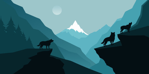 Misty Mountain Pass With Black Wolves Watching From Above