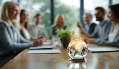 A glass globe sits on a conference table with businesspeople blurred in the background during a meeting.