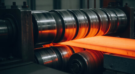 Glowing hot steel slab processed through heavy industrial roller machinery in metal fabrication plant produces durable structural material for manufacturing