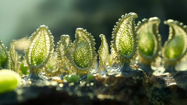 A bunch of green plants with water droplets on them