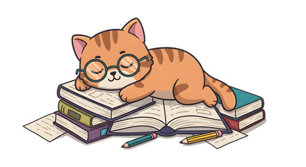 Adorable Kitten Napping on Stack of Books, Cute Illustration