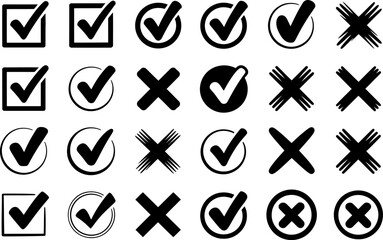 Check mark and cross icon set, tick symbol, approval and rejection, selection element, vector collection